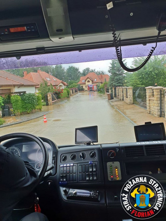 Zalane posesje, powalone drzewa, wyrwa w drodze