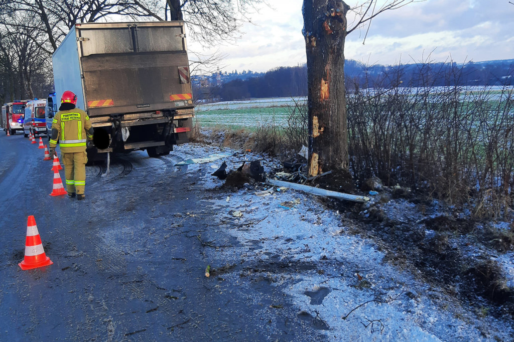 Samochód ciężarowy uderzył w drzewo