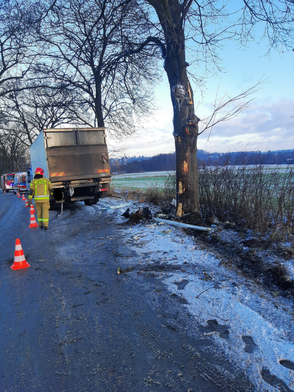 Samochód ciężarowy uderzył w drzewo