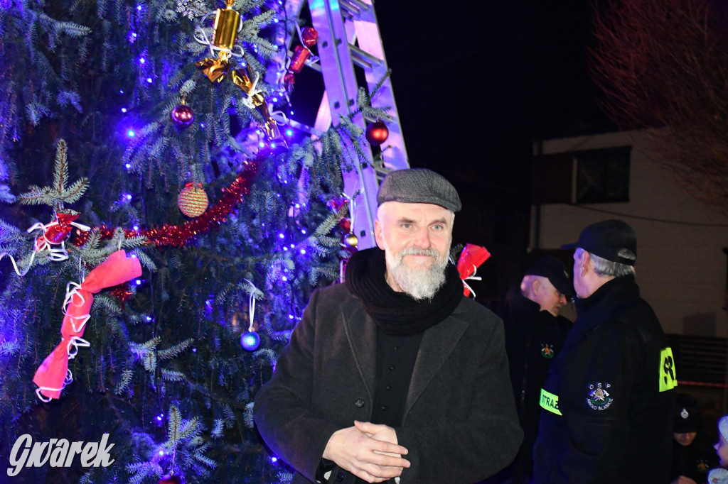 Dzieci i Mikołaj na drabinie. Strojenie choinki