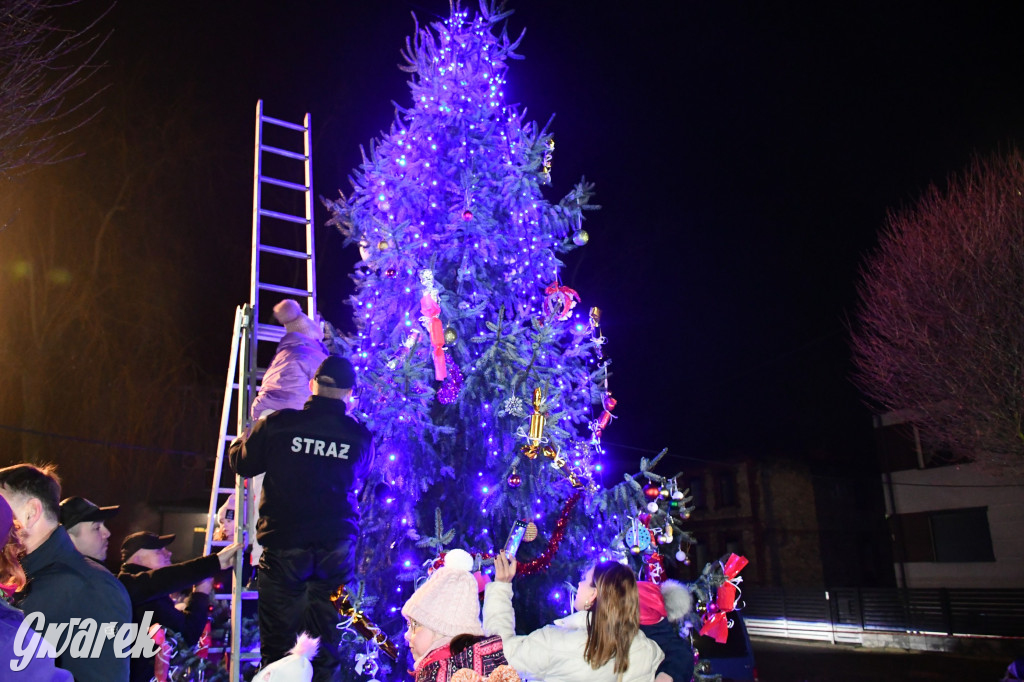 Dzieci i Mikołaj na drabinie. Strojenie choinki