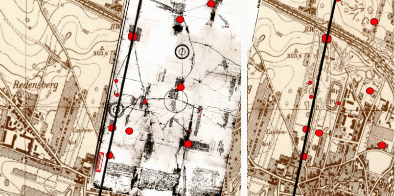 Prawdopodobny przebieg Sztolni Jakuba naniesiony na jedną z map dawnych Tarnowskich Gór. 