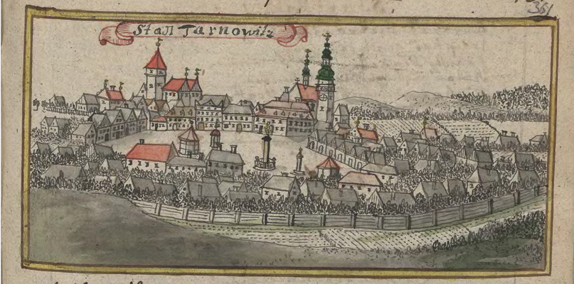 Panorama Tarnowskich Gór, autorstwa Friedricha Bernharda Wernera - stan z ok. 1766 r., źródło: Silesia in Compendio seu Topographia das ist Praesentatio und Beschreibung des Herzogthums Schlesiens ... Pars I, wł. Biblioteka Uniwersytetu Wrocławskiego