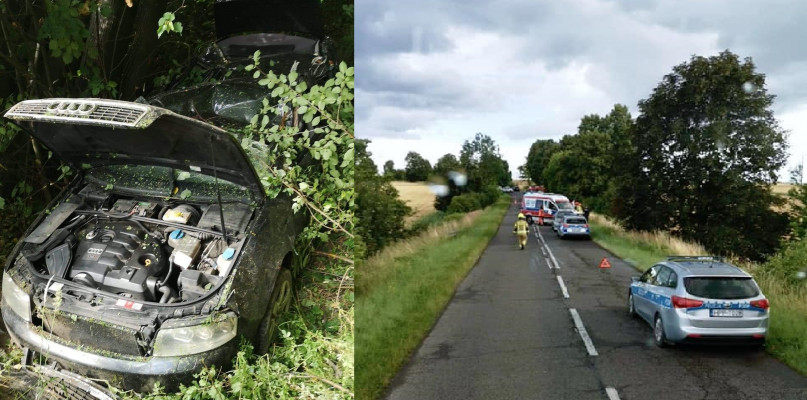W Ptakowicach (gmina Zbrosławice) samochód wpadł do rowu. Kierował nim 30-latek z Wielowsi, podróżowało z nim roczne dziecko. Fot. OSP Zbrosławice
