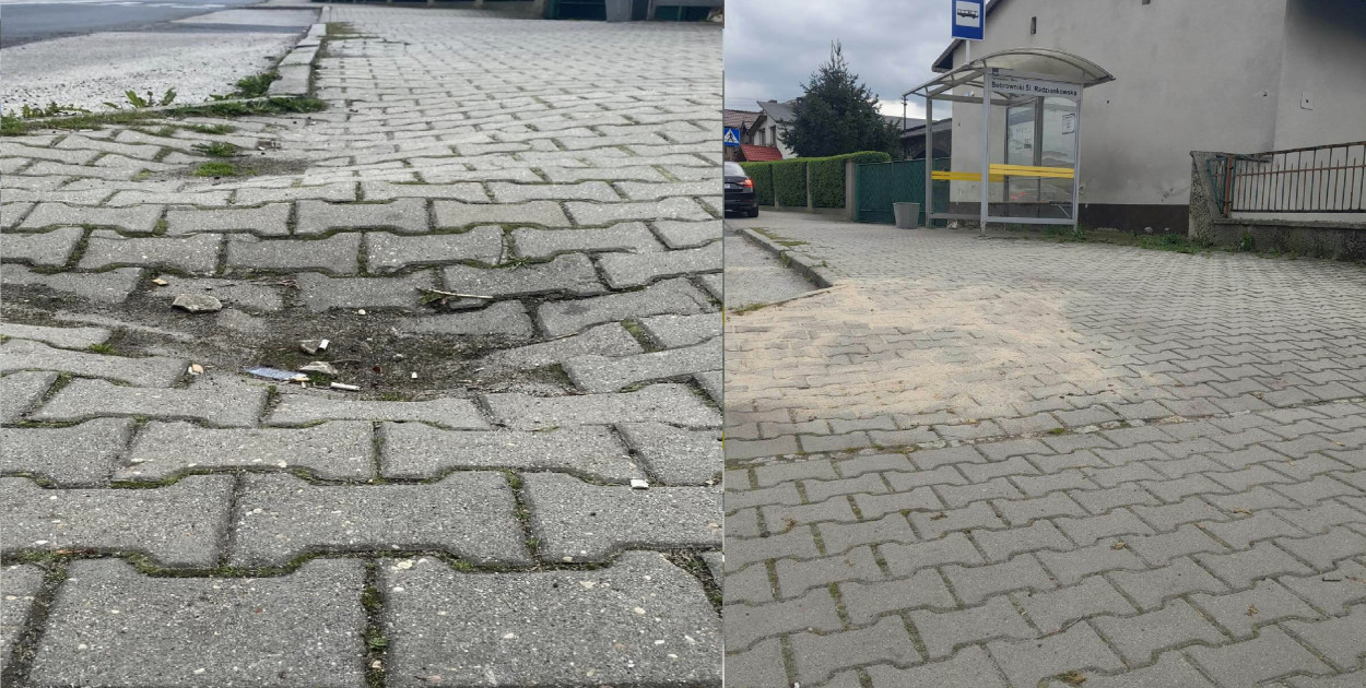 Chodnik przed i po naprawie. Fot. FB Głos Mieszkańców Bobrowniki Śląskie - Piekary Rudne/archiwum starostwa
