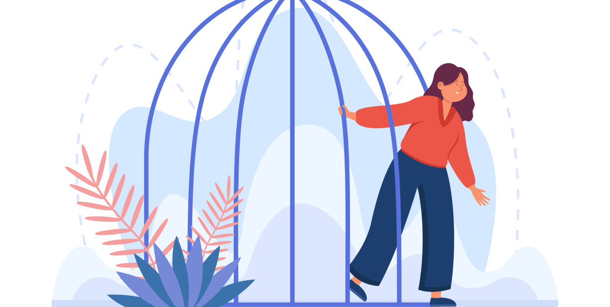 Młoda rysunkowa kobieta opuszczająca klatkę dla ptaków