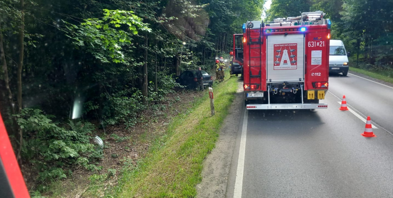 W Reptach Śląskich 62-latek wjechał do rowu i uderzył w drzewo. Fot. OSP Repty Śląskie
