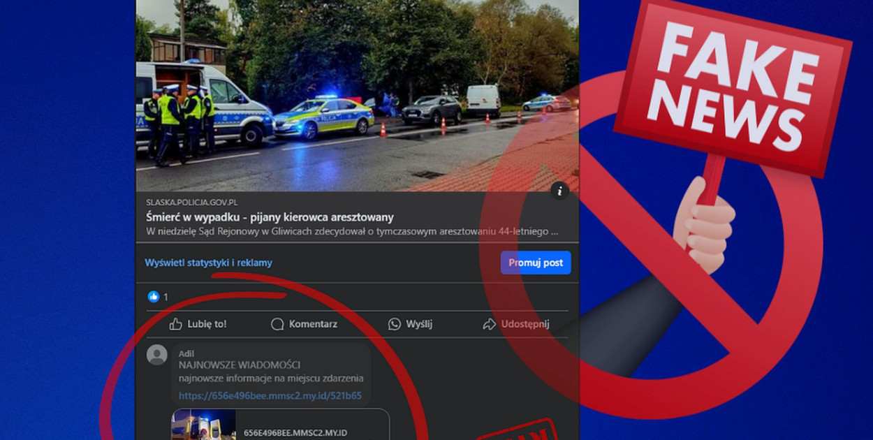 Uwaga na fałszywe linki w komentarzach na Fb. Policja przestrzega przed oszustami. Ilustracja: Śląska Policja