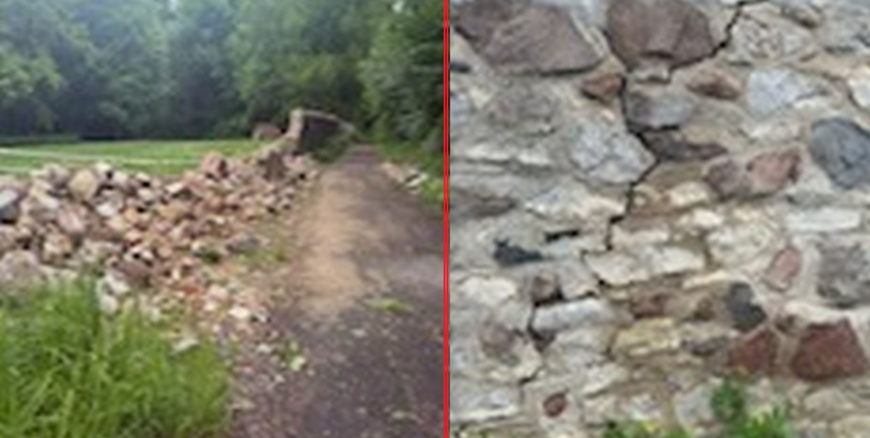 Mur grodzący pałacową posiadłość w Łubiu jest w opłakanym stanie. – Strach tamtędy przejeżdżać, bo nie wiadomo czy się nie zwali, a droga jest wąska i nie ma dokąd uciec – mówi czytelnik.  Fot. Czytelnik