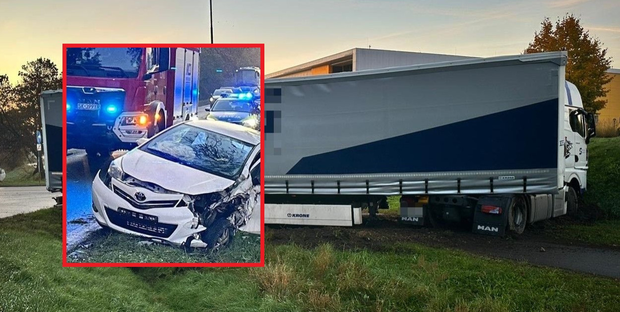 Na DK 11 przy parku wodnym w Tarnowskich Górach zderzył się samochód osobowy z TIR-em. Fot. Policja Tarnowskie Góry