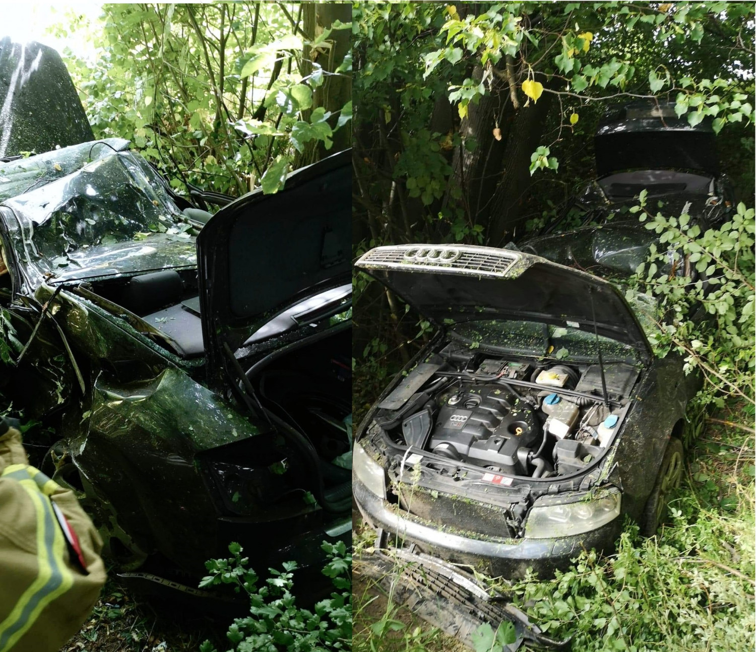Ptakowice. Audi wjechało do rowu, następnie uderzyło w drzewo. Fot. OSP Zbrosławice