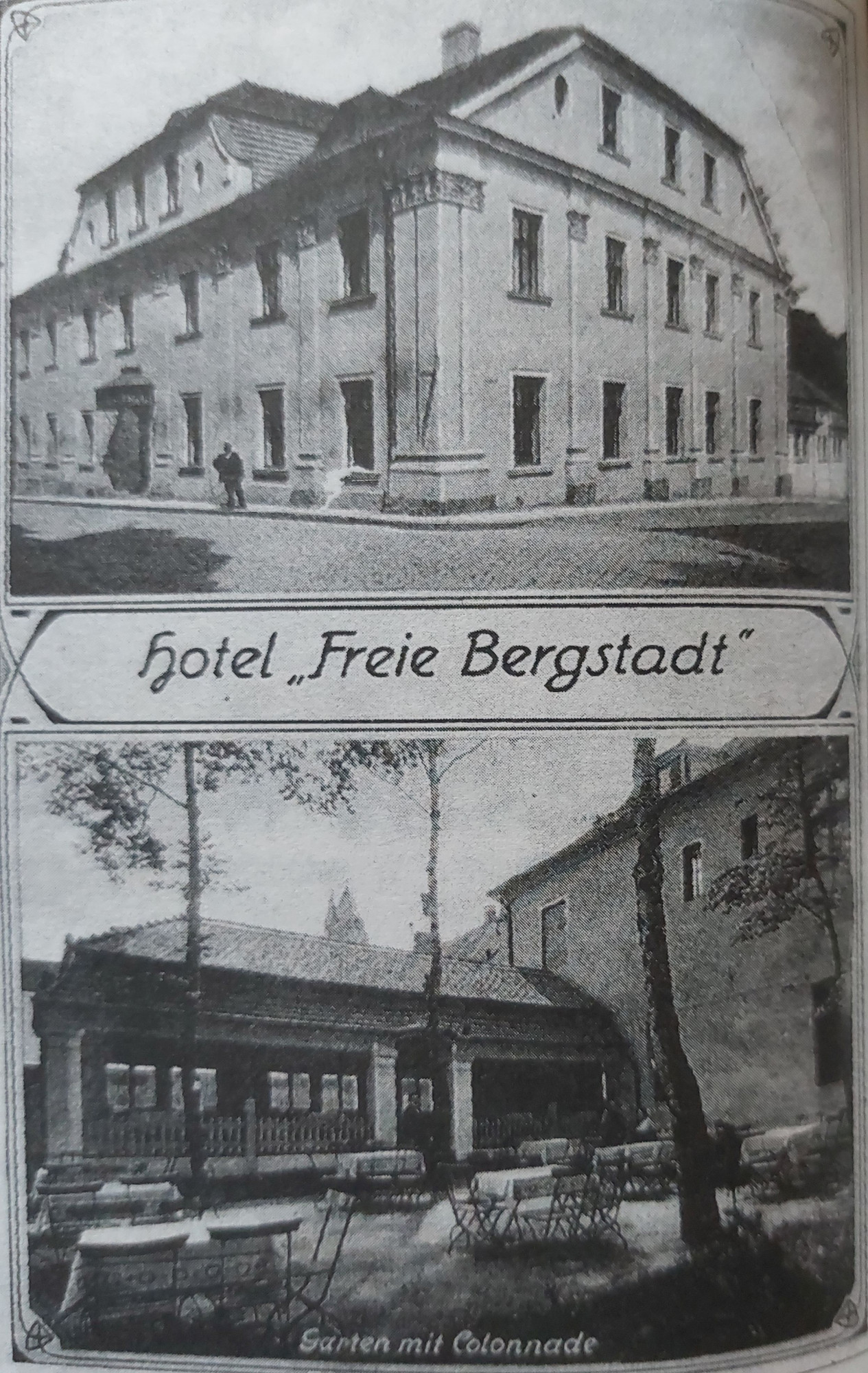 Budynek dawnego hotelu Wolne Miasto Górnicze, z ogrodem. Pocztówka ze zbiorów Beaty i Jacka Kalke