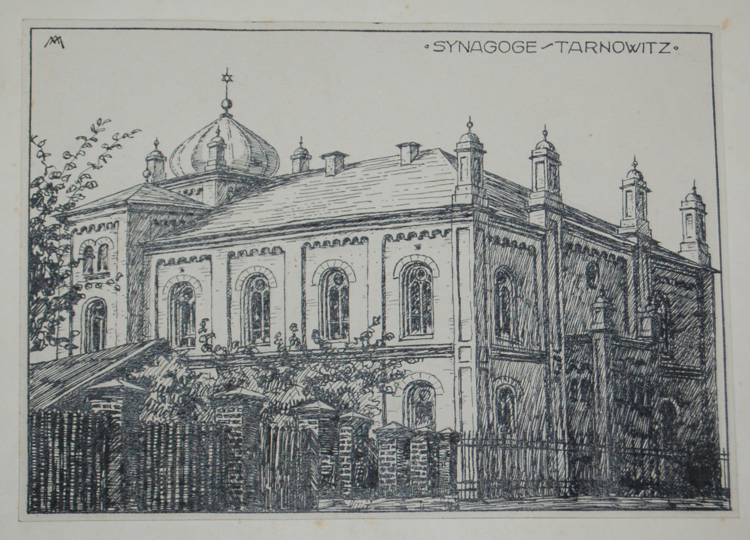 Synagoga w Tarnowskich Górach, Adolf Mund,1921 r., papier/rysunek tuszem. Ze zbiorów Muzeum w Tarnowskich Górach Synagoga w Tarnowskich Górach, Adolf Mund,1921 r., papier/rysunek tuszem. Ze zbiorów Muzeum w Tarnowskich Górach